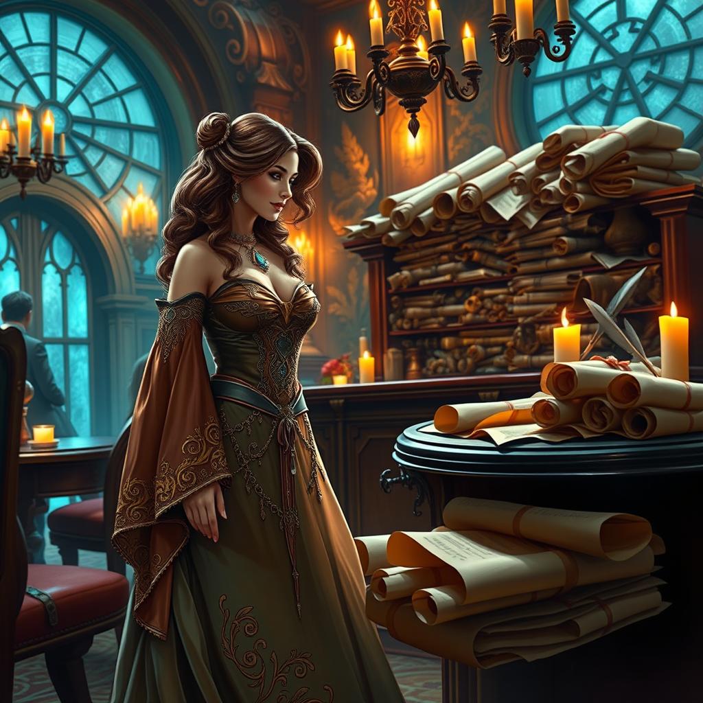 An enchanting Dungeons & Dragons-style scene of a luxurious reception area where a beautiful receptionist, styled as a courtesan, interacts charmfully with guests