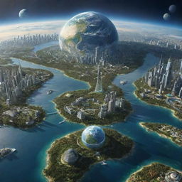 Earth in the year 5022, displaying futuristic landscapes, advanced cities, and changes in climate and geography