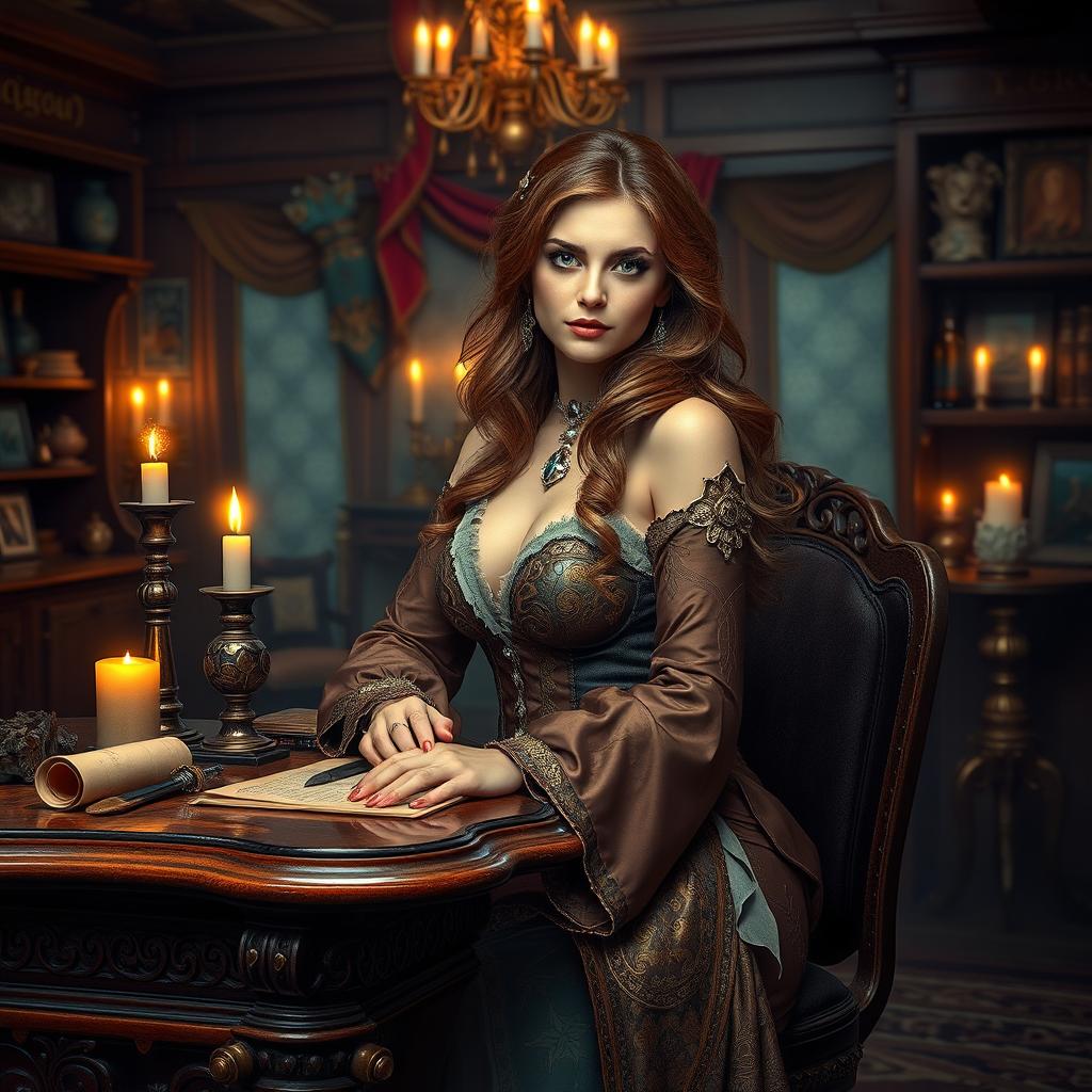 In a mesmerizing Dungeons & Dragons-inspired setting, a captivating receptionist styled as a courtesan sits gracefully at an intricately designed wooden desk