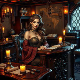 In a mesmerizing Dungeons & Dragons-inspired setting, a captivating receptionist styled as a courtesan sits gracefully at an intricately designed wooden desk