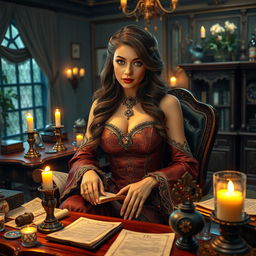 In a mesmerizing Dungeons & Dragons-inspired setting, a captivating receptionist styled as a courtesan sits gracefully at an intricately designed wooden desk