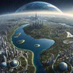 Earth in the year 5022, displaying futuristic landscapes, advanced cities, and changes in climate and geography