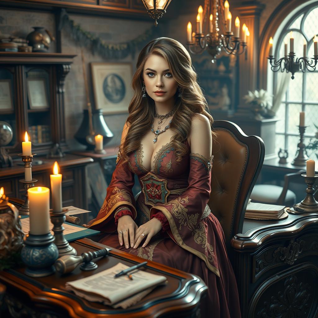 In a mesmerizing Dungeons & Dragons-inspired setting, a captivating receptionist styled as a courtesan sits gracefully at an intricately designed wooden desk