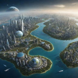 Earth in the year 5022, displaying futuristic landscapes, advanced cities, and changes in climate and geography