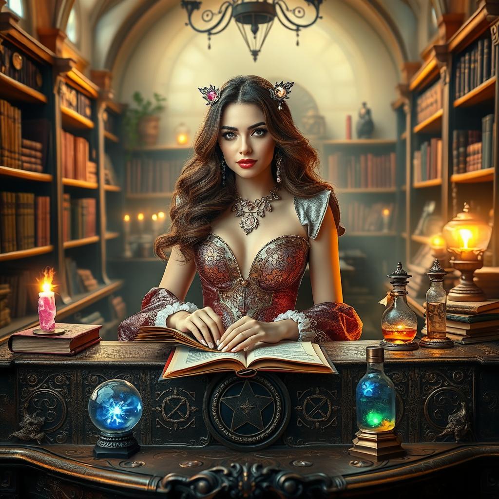 Inside an enchanting magic school, a captivating receptionist styled as a courtesan sits gracefully at an ornate, spell-etched desk