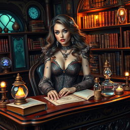 Inside an enchanting magic school, a captivating receptionist styled as a courtesan sits gracefully at an ornate, spell-etched desk