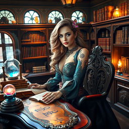 Inside an enchanting magic school, a captivating receptionist styled as a courtesan sits gracefully at an ornate, spell-etched desk