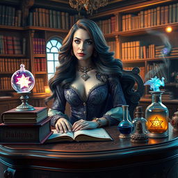 Inside an enchanting magic school, a captivating receptionist styled as a courtesan sits gracefully at an ornate, spell-etched desk