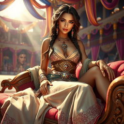 In a vibrant and fantastical swords and sandals setting, a beautiful courtesan lounges gracefully on an opulent chaise, exuding an air of allure and sophistication