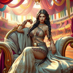 In a vibrant and fantastical swords and sandals setting, a beautiful courtesan lounges gracefully on an opulent chaise, exuding an air of allure and sophistication