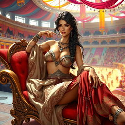 In a vibrant and fantastical swords and sandals setting, a beautiful courtesan lounges gracefully on an opulent chaise, exuding an air of allure and sophistication