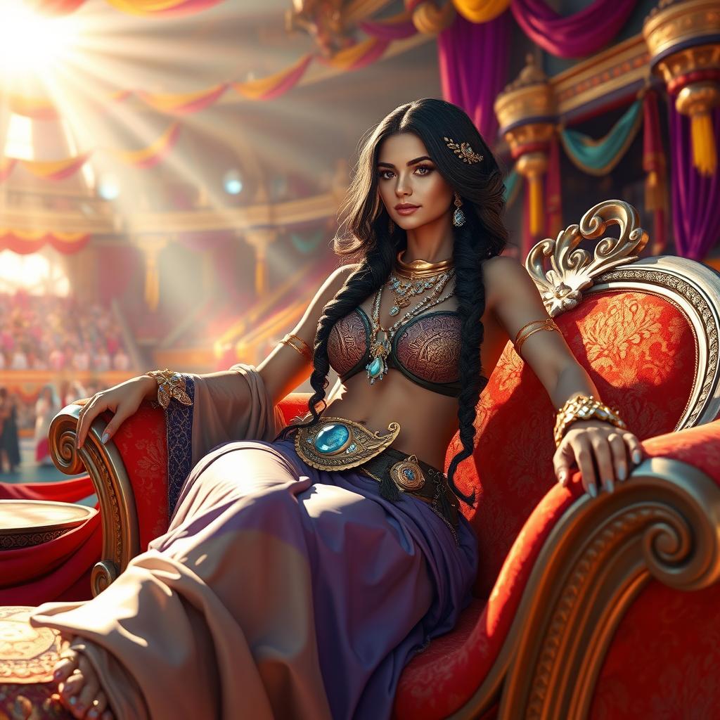 In a vibrant and fantastical swords and sandals setting, a beautiful courtesan lounges gracefully on an opulent chaise, exuding an air of allure and sophistication