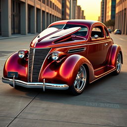 A stunning 1936 Chevrolet Coupe reimagined with a custom hood, combining the classic curves and chrome details of the original design with futuristic elements inspired by avant-garde BMW supercars