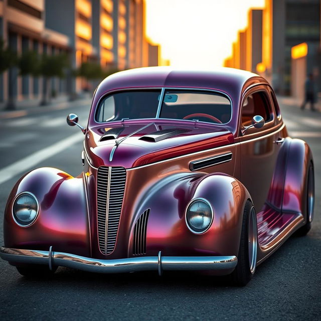 A stunning 1936 Chevrolet Coupe reimagined with a custom hood, combining the classic curves and chrome details of the original design with futuristic elements inspired by avant-garde BMW supercars