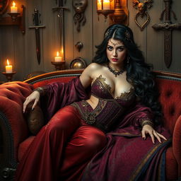 Set in a dynamic swords and sorcery era, a mesmerizing courtesan lounges seductively on a plush divan, embodying beauty and elegance