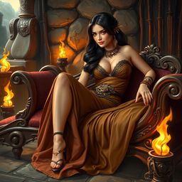 In a vibrant Conan-era setting, a stunning courtesan reclines gracefully on an intricately designed chaise lounge, capturing the essence of beauty and allure