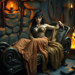 In a vibrant Conan-era setting, a stunning courtesan reclines gracefully on an intricately designed chaise lounge, capturing the essence of beauty and allure