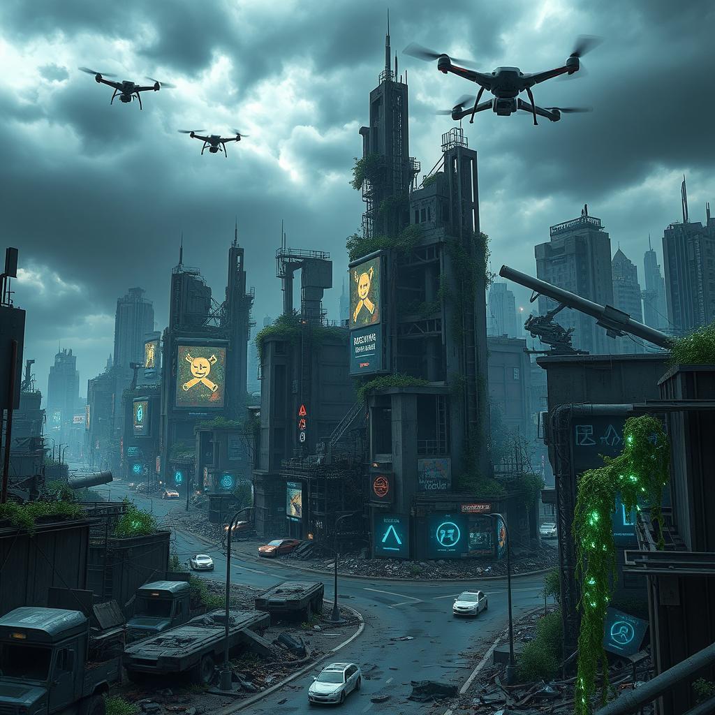 A futuristic cityscape in a post-apocalyptic setting, showcasing advanced technology amidst the ruins