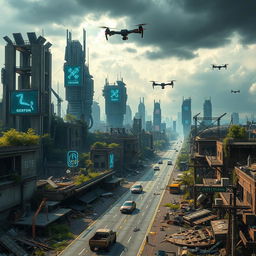 A futuristic cityscape in a post-apocalyptic setting, showcasing advanced technology amidst the ruins