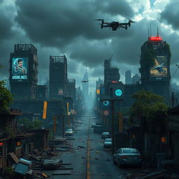 A futuristic cityscape in a post-apocalyptic setting, showcasing advanced technology amidst the ruins