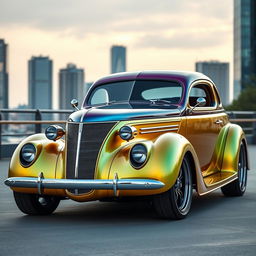 A stunning 1936 Chevrolet Coupe customized with a sleek, aerodynamic hood design, showcasing a fusion of classic American muscle and futuristic BMW avant-garde elements