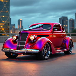 A stunning 1936 Chevrolet Coupe customized with a sleek, aerodynamic hood design, showcasing a fusion of classic American muscle and futuristic BMW avant-garde elements