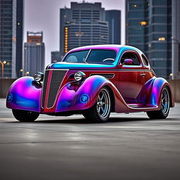 A stunning 1936 Chevrolet Coupe customized with a sleek, aerodynamic hood design, showcasing a fusion of classic American muscle and futuristic BMW avant-garde elements