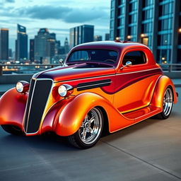 A stunning 1936 Chevrolet Coupe customized with a sleek, aerodynamic hood design, showcasing a fusion of classic American muscle and futuristic BMW avant-garde elements