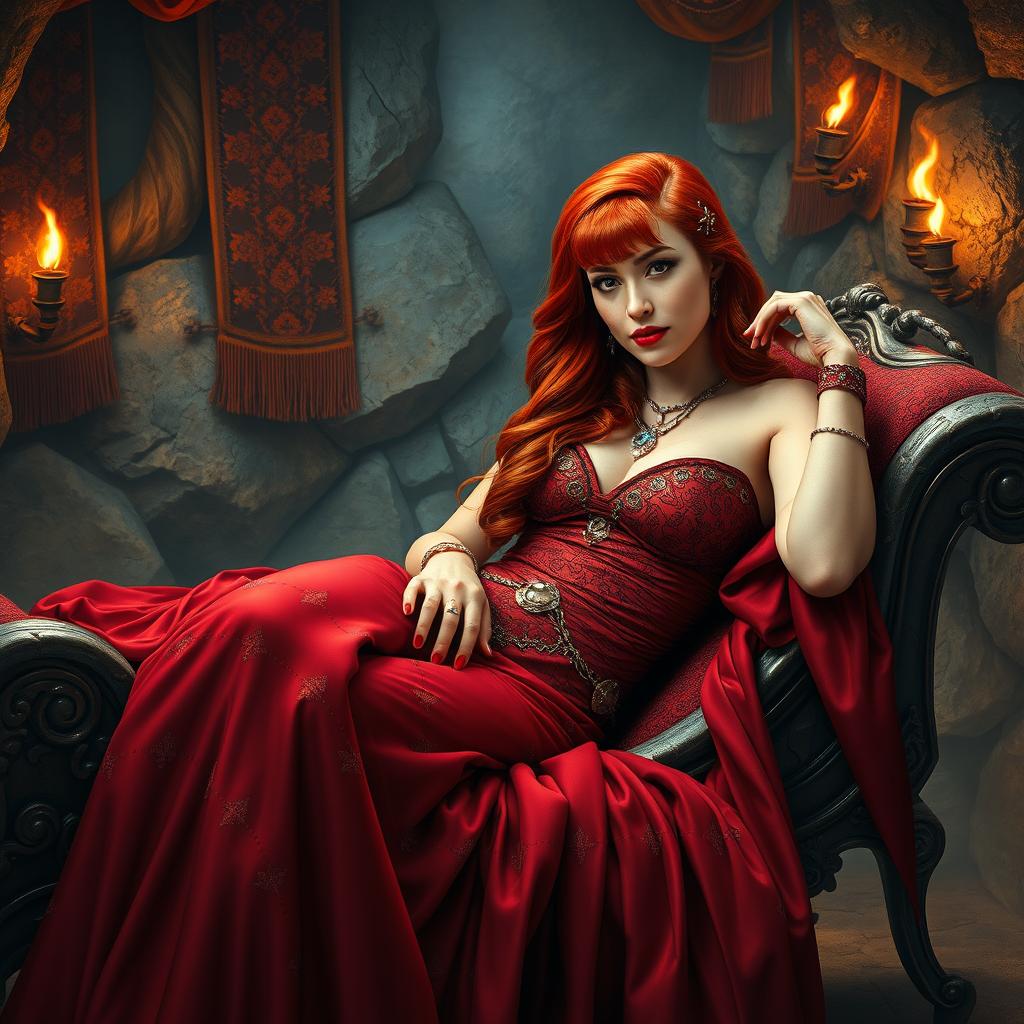 In a captivating Conan-era backdrop, a beautiful redhead courtesan reclines elegantly on a richly decorated chaise lounge, exuding allure and confidence