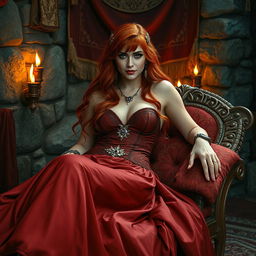 In a captivating Conan-era backdrop, a beautiful redhead courtesan reclines elegantly on a richly decorated chaise lounge, exuding allure and confidence