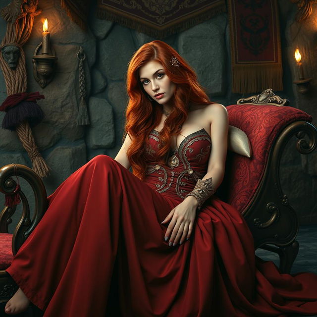 In a captivating Conan-era backdrop, a beautiful redhead courtesan reclines elegantly on a richly decorated chaise lounge, exuding allure and confidence