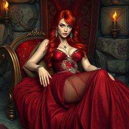 In a captivating Conan-era backdrop, a beautiful redhead courtesan reclines elegantly on a richly decorated chaise lounge, exuding allure and confidence