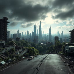 A striking view of a post-apocalyptic city, where crumbling skyscrapers and decaying buildings dominate the skyline