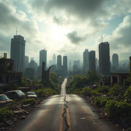 A striking view of a post-apocalyptic city, where crumbling skyscrapers and decaying buildings dominate the skyline