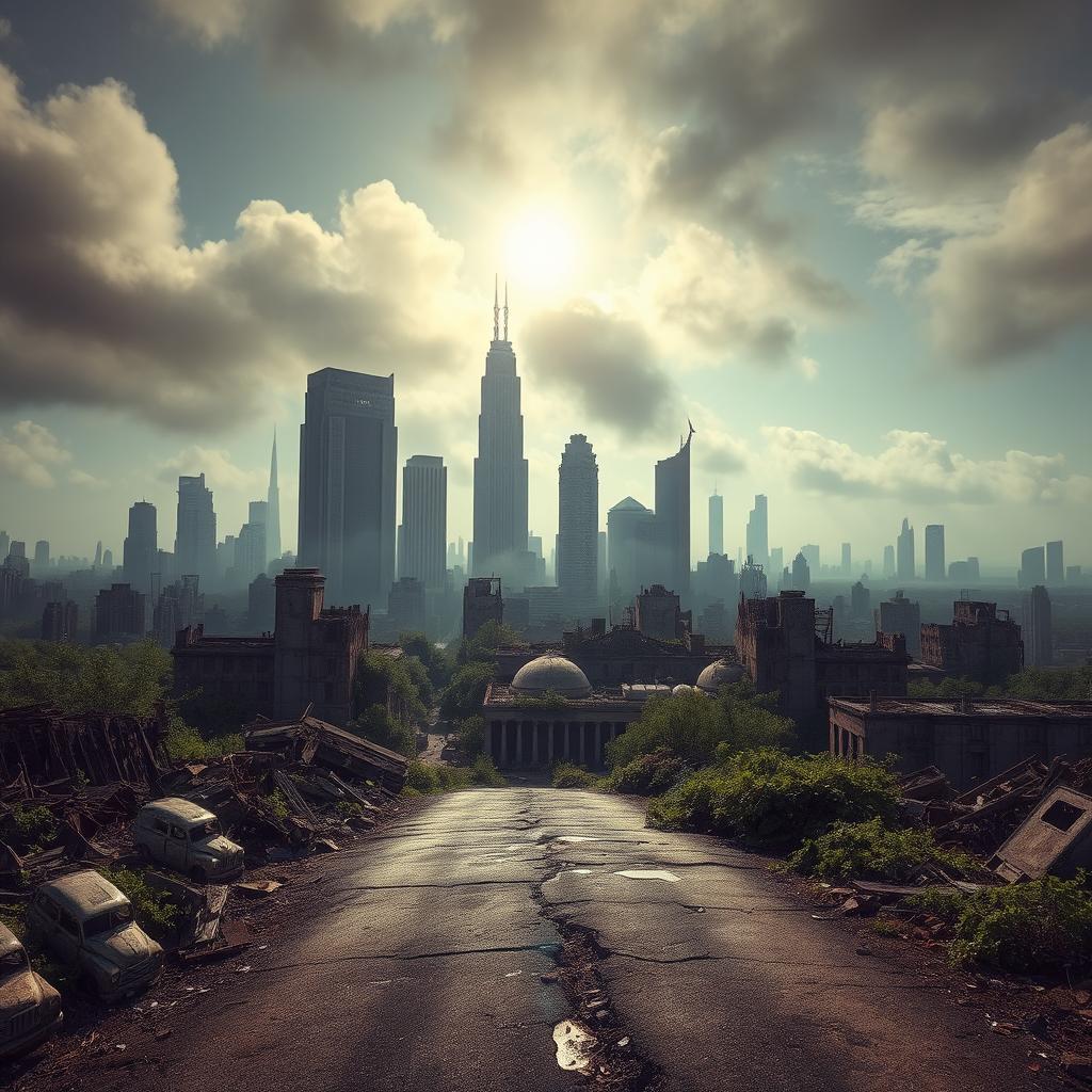 A striking view of a post-apocalyptic city, where crumbling skyscrapers and decaying buildings dominate the skyline