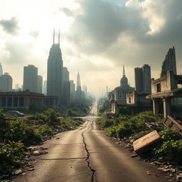 A striking view of a post-apocalyptic city, where crumbling skyscrapers and decaying buildings dominate the skyline