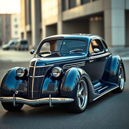 A stunning fusion of a classic 1936 Chevrolet Coupe and a futuristic BMW supercar, showcasing the elegant curves of the vintage coupe blended with the sleek, avant-garde design elements of a modern exotic car