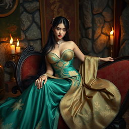 In a mesmerizing Conan-era context, an elegant Asian courtesan reclines artfully on an opulent chaise lounge, embodying grace and allure