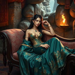 In a mesmerizing Conan-era context, an elegant Asian courtesan reclines artfully on an opulent chaise lounge, embodying grace and allure