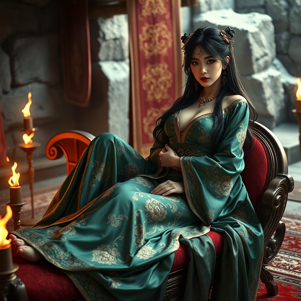 In a mesmerizing Conan-era context, an elegant Asian courtesan reclines artfully on an opulent chaise lounge, embodying grace and allure