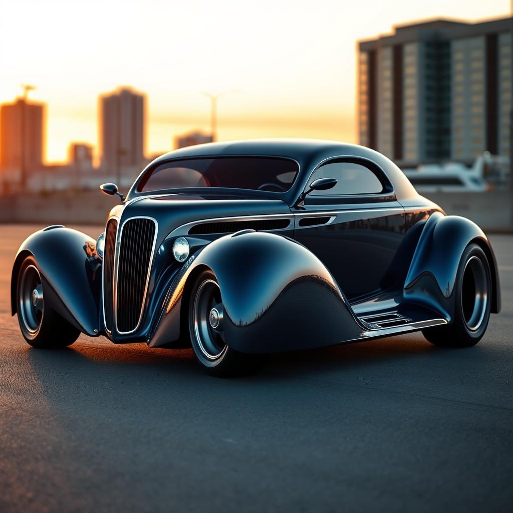 A stunning fusion car design that combines a 1936 Chevrolet Coupe widebody with elements of a futuristic BMW avant-garde supercar