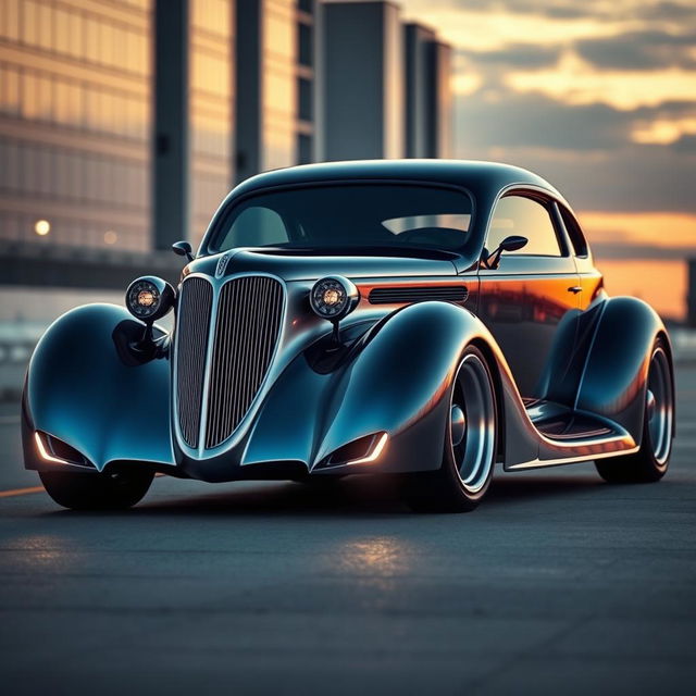 A stunning fusion car design that combines a 1936 Chevrolet Coupe widebody with elements of a futuristic BMW avant-garde supercar