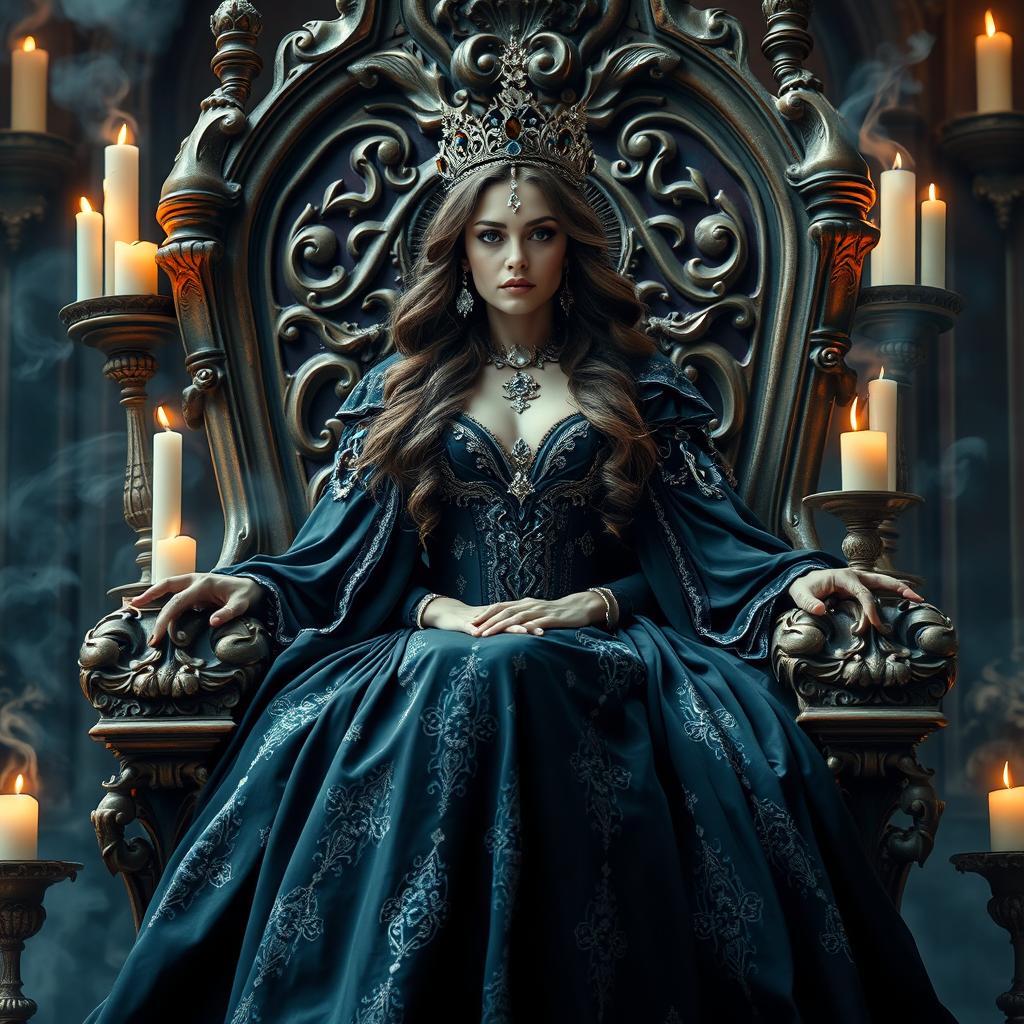 A beautiful and elegant witch queen seated regally on a grand, ornate throne