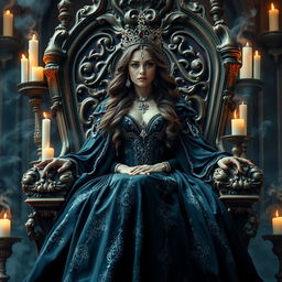 A beautiful and elegant witch queen seated regally on a grand, ornate throne