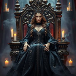 A beautiful and elegant witch queen seated regally on a grand, ornate throne