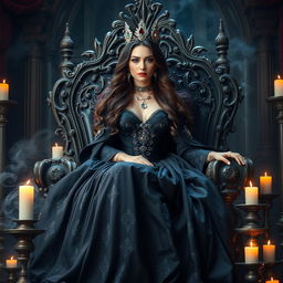 A beautiful and elegant witch queen seated regally on a grand, ornate throne