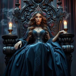 A beautiful and elegant witch queen seated regally on a grand, ornate throne