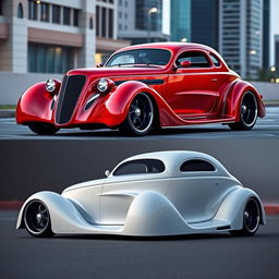 A stunning widebody 1936 Chevrolet Coupe, showcasing its vintage charm with a modern twist, combined with futuristic design elements inspired by avant-garde BMW aesthetics