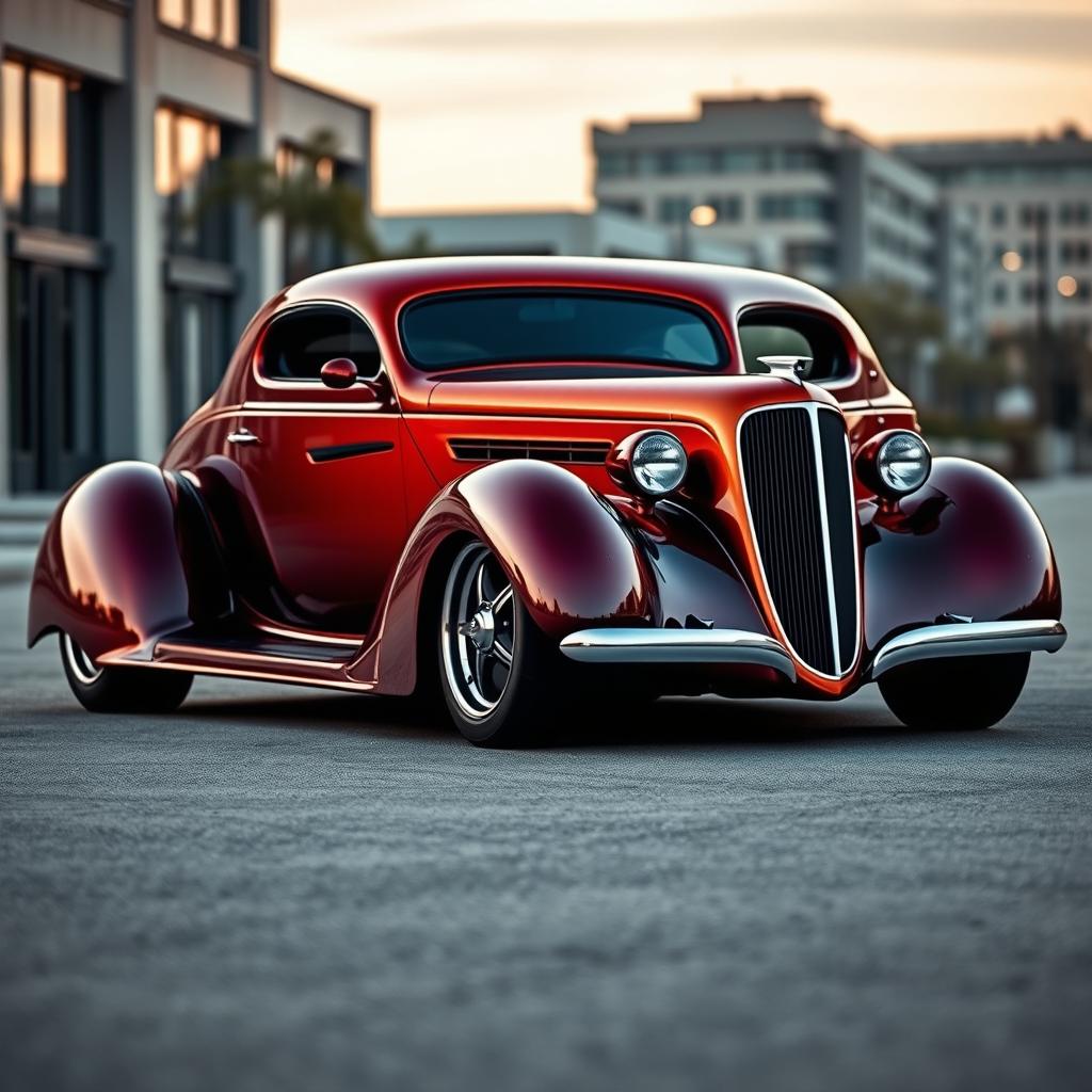 A stunning widebody 1936 Chevrolet Coupe, showcasing its vintage charm with a modern twist, combined with futuristic design elements inspired by avant-garde BMW aesthetics