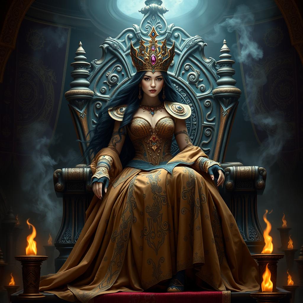 A beautiful and elegant witch queen inspired by the Conan era, seated majestically on a grand throne